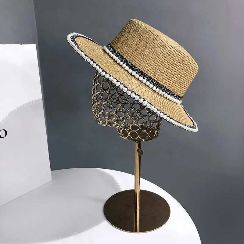 Summer  Big Brim Sun Hat Women's French Fisherman Cap Fashion Pearl Chain Flat Cap Sunshade Sunscreen Straw Hats