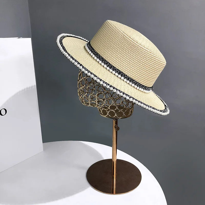 Summer  Big Brim Sun Hat Women's French Fisherman Cap Fashion Pearl Chain Flat Cap Sunshade Sunscreen Straw Hats
