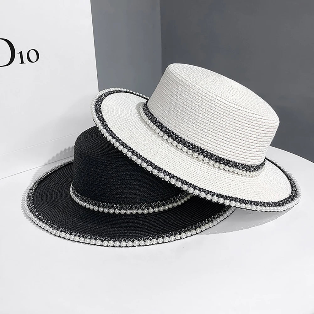 Summer  Big Brim Sun Hat Women's French Fisherman Cap Fashion Pearl Chain Flat Cap Sunshade Sunscreen Straw Hats