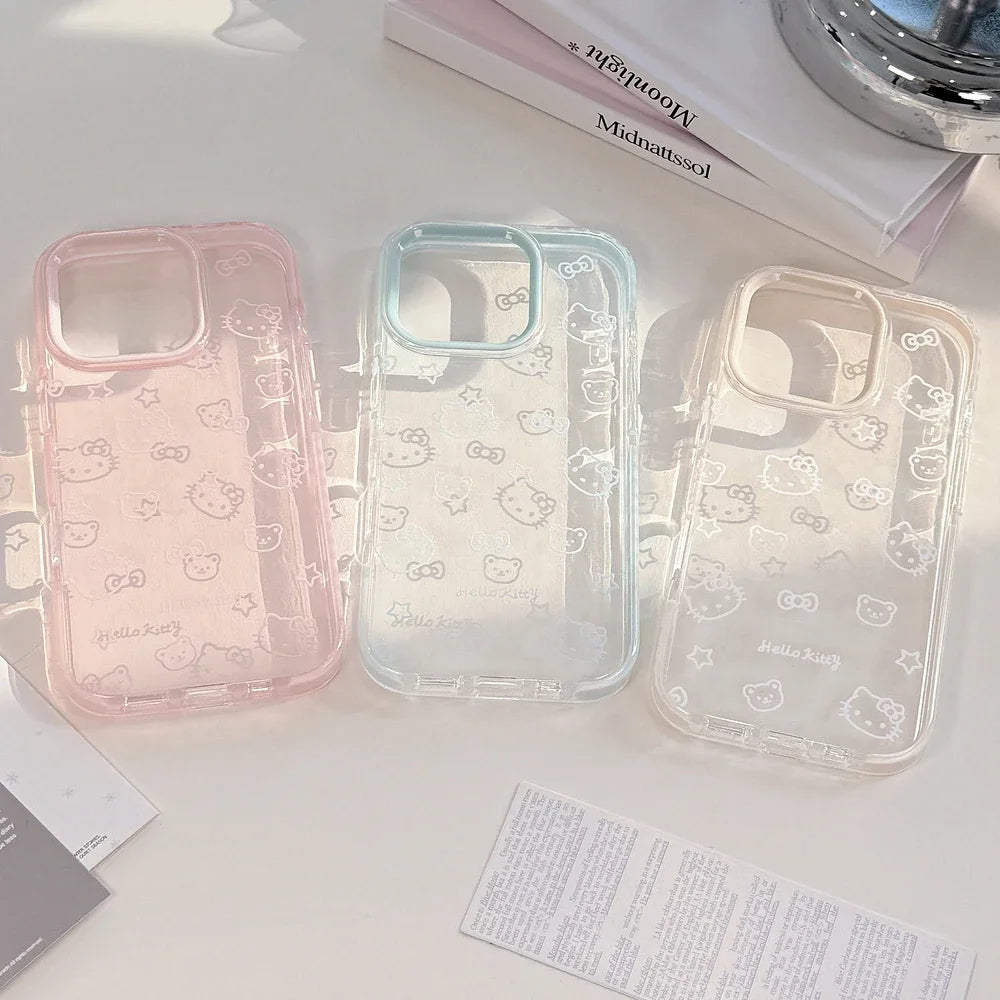 Bow Transparent Phone Case For iPhone 17 16 15 14 13 12 Pro Max Cute Cartoon Sanrio Hello Kitty Shockproof Protective Soft Cover