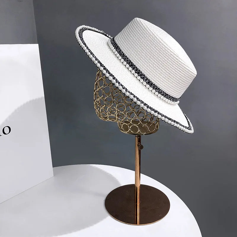 Summer  Big Brim Sun Hat Women's French Fisherman Cap Fashion Pearl Chain Flat Cap Sunshade Sunscreen Straw Hats