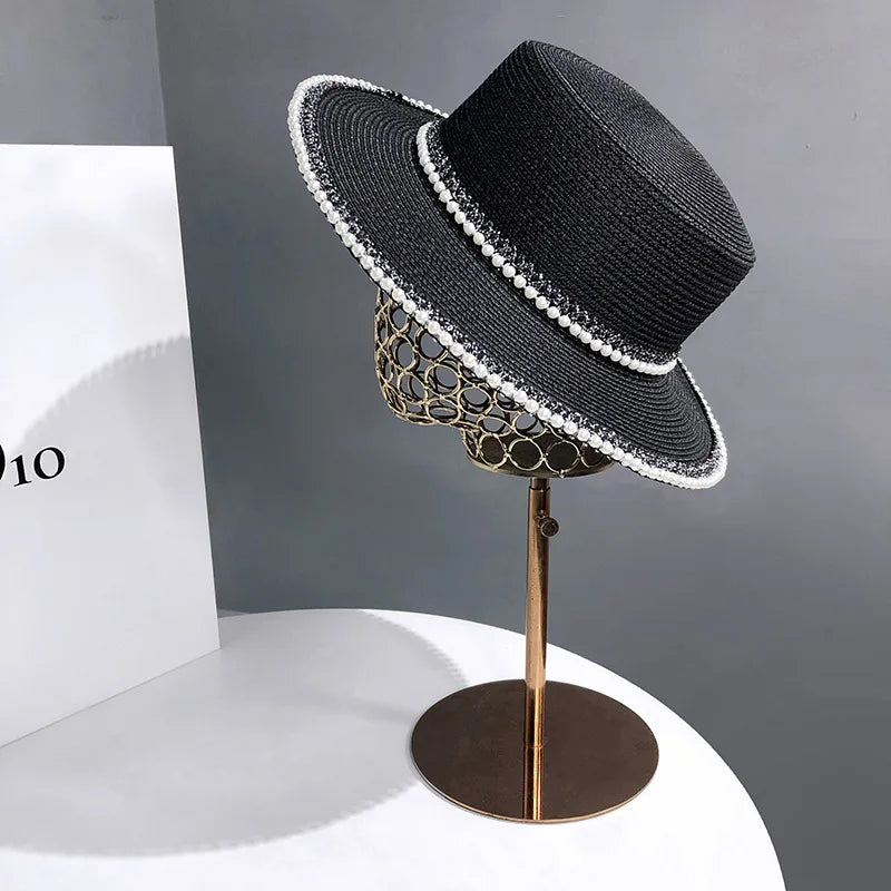 Summer  Big Brim Sun Hat Women's French Fisherman Cap Fashion Pearl Chain Flat Cap Sunshade Sunscreen Straw Hats