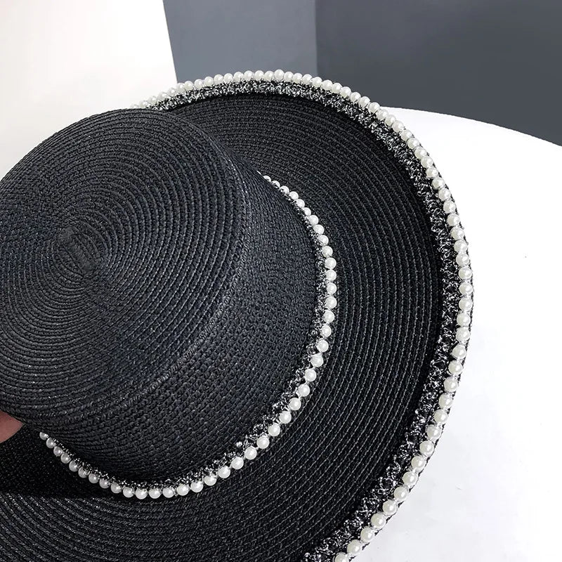 Summer  Big Brim Sun Hat Women's French Fisherman Cap Fashion Pearl Chain Flat Cap Sunshade Sunscreen Straw Hats